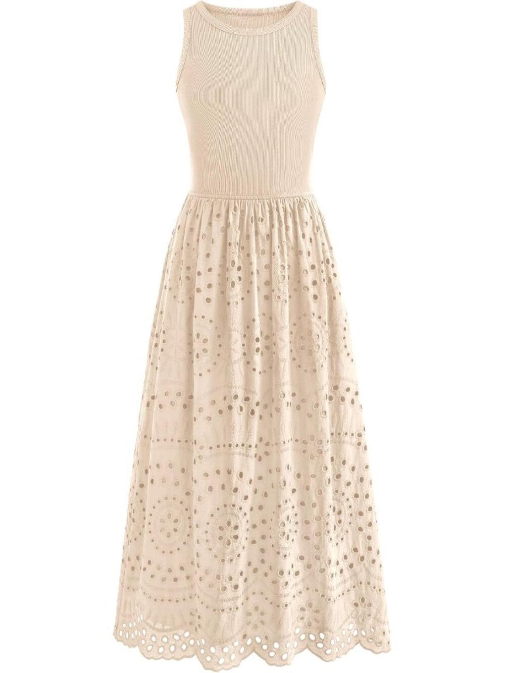 Women Sleeveless Lace Eyelet Cotton Tank Maxi Dress